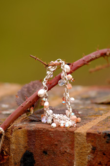 Moonstone, sunstone, pearl and shell charm bracelet